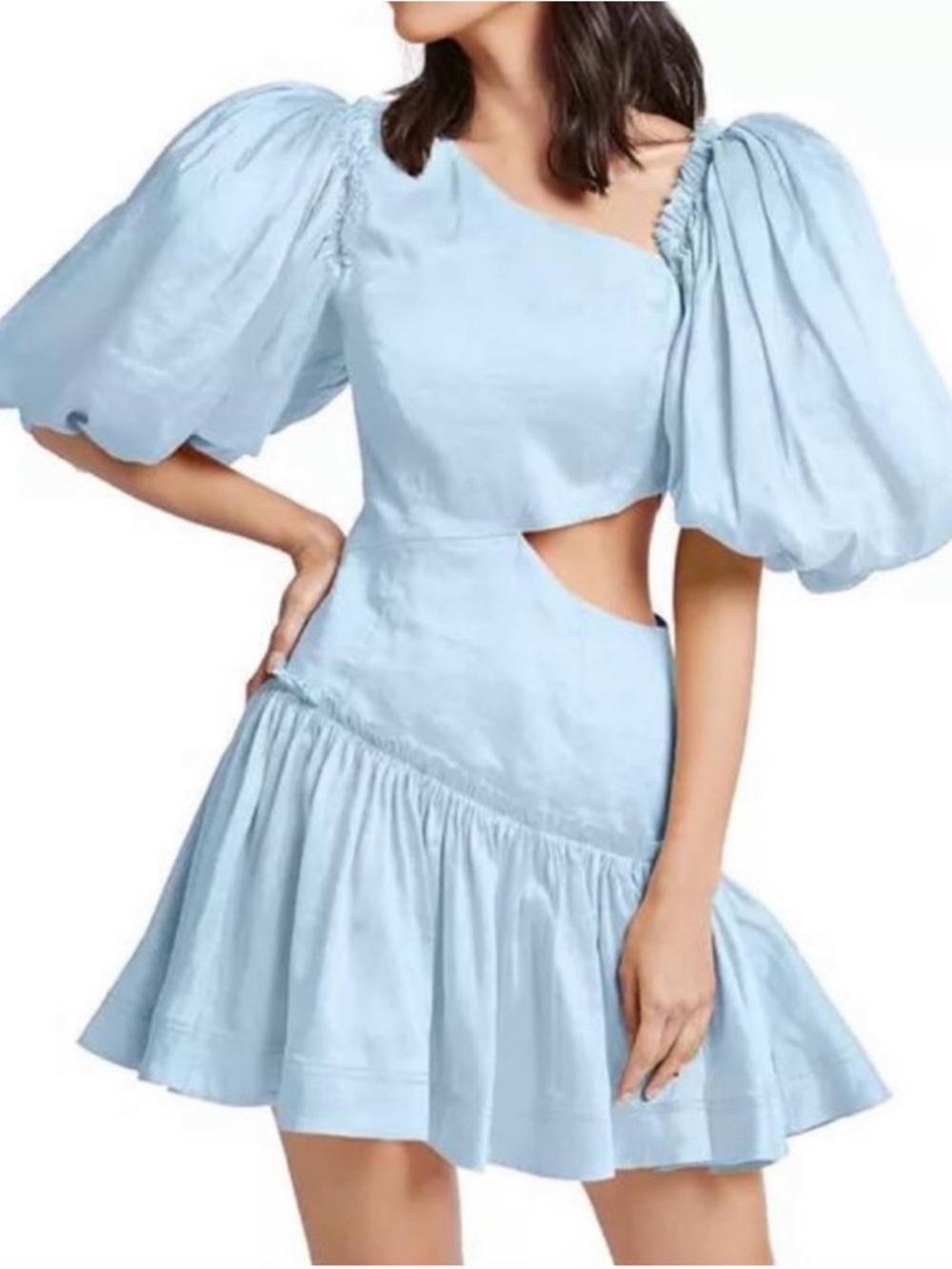 Aje Powder Blue One-Shoulder Cutout Puff-Sleeve Mini Dress